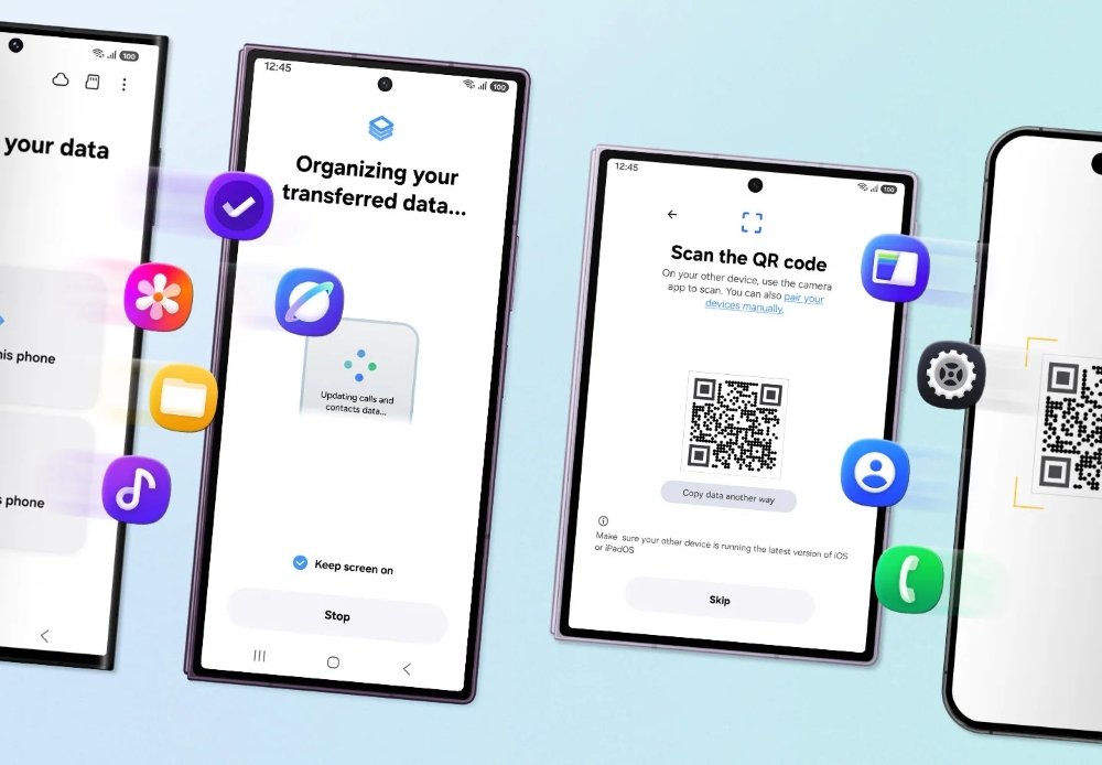 삼성 스마트 스위치에서 QR 코드를 스캔하고 기기 간 데이터를 전송하는 화면